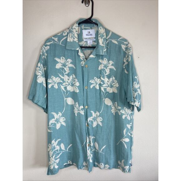 28 Palms Blue Silk Linen Tropical Hawaiian Relaxed Fit Button Down Shirt Large - Picture 1 of 4